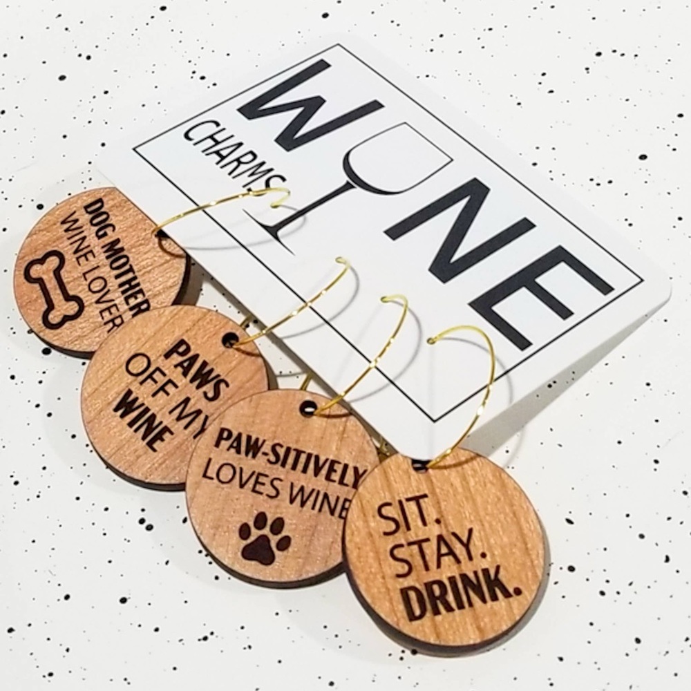 Dog Wine Charms: Cherry Wood